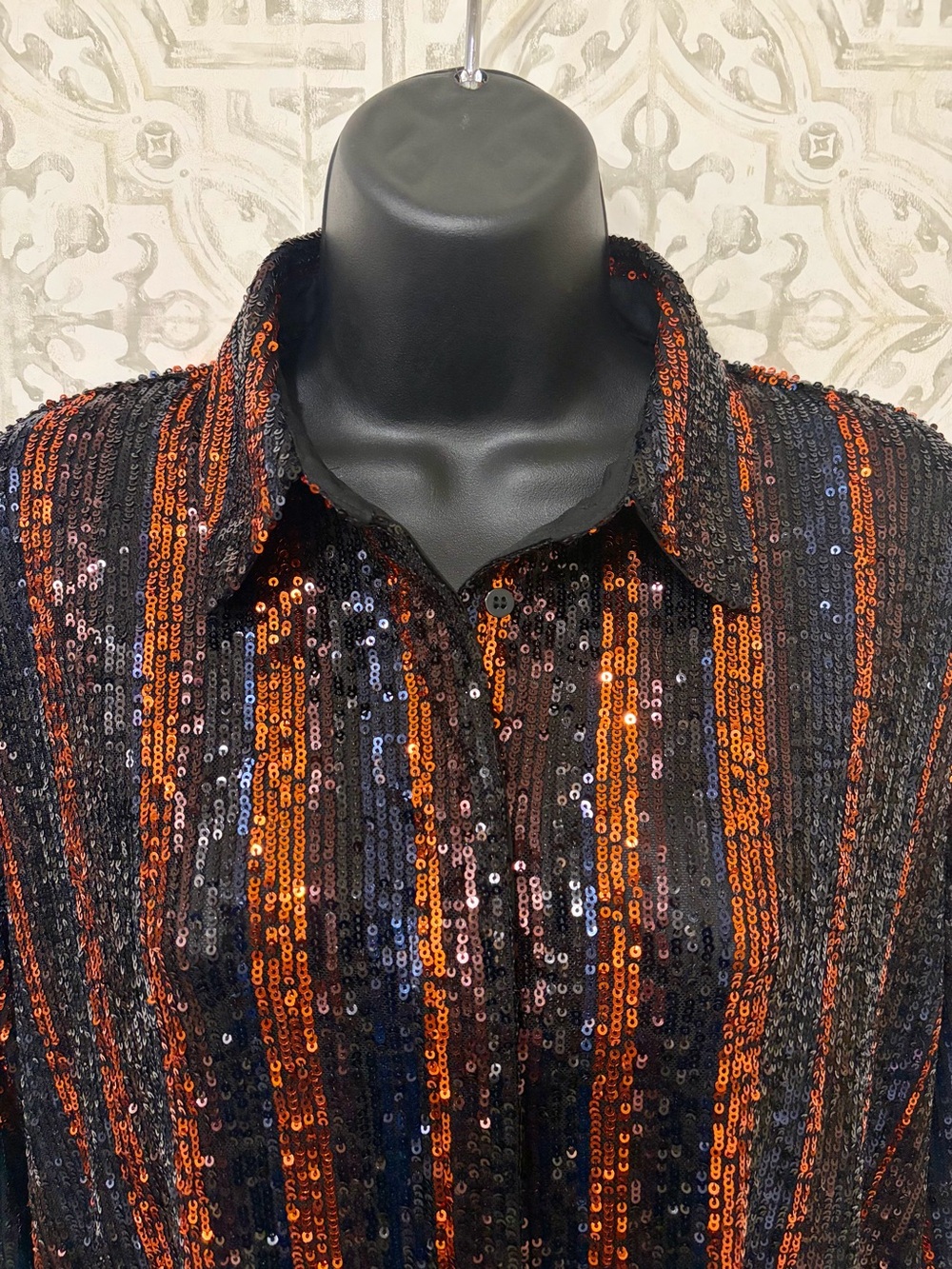 Zara The Abbey Sequined Striped Button-Down Shirt in Black and Copper, SZ S NWOT - Picture 4 of 7